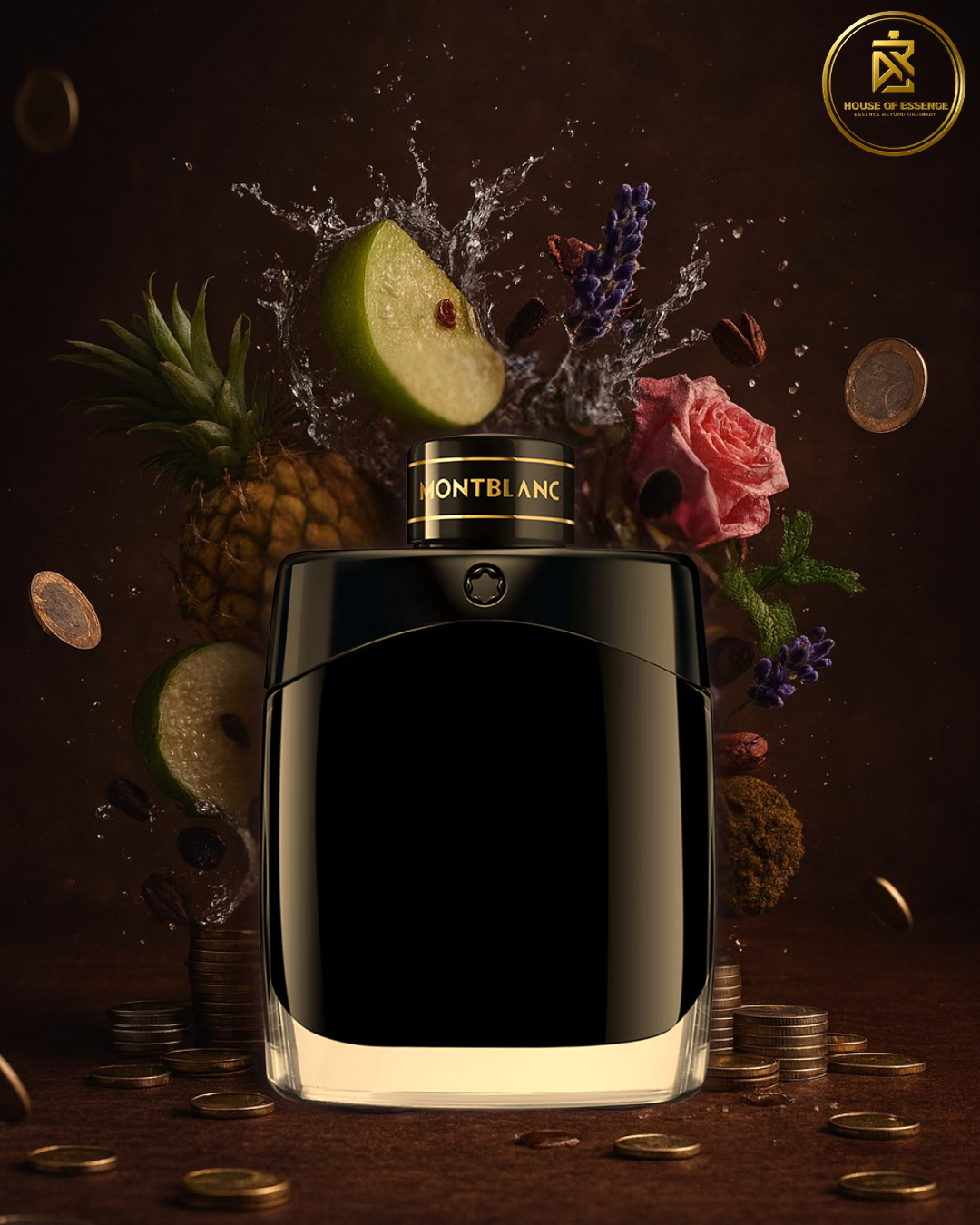 Montblanc perfume bottle with fruit, flowers, and coins on a dark background