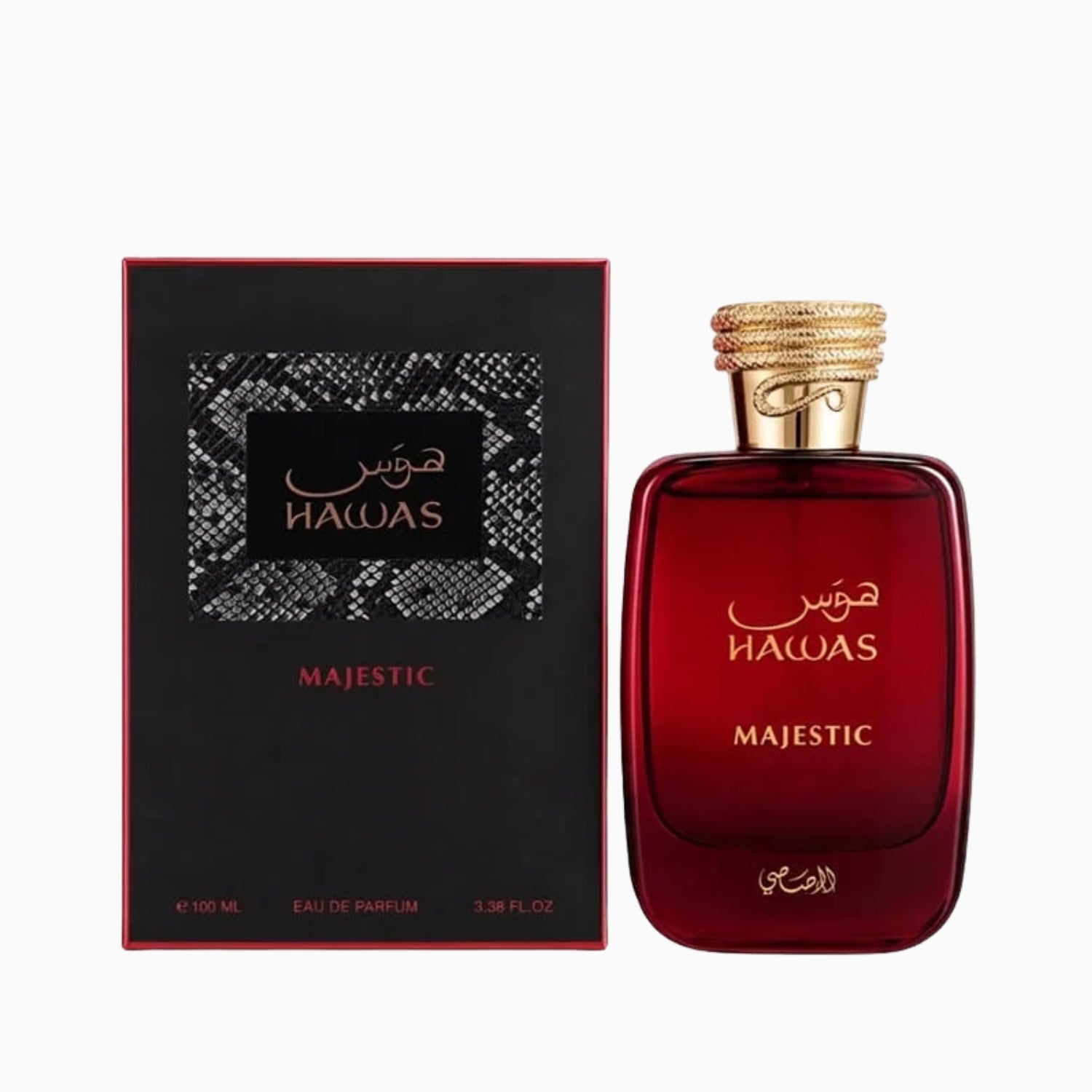 A bottle of Hawas Majestic Eau de Parfum next to its black packaging box with red borders, on a plain white background.