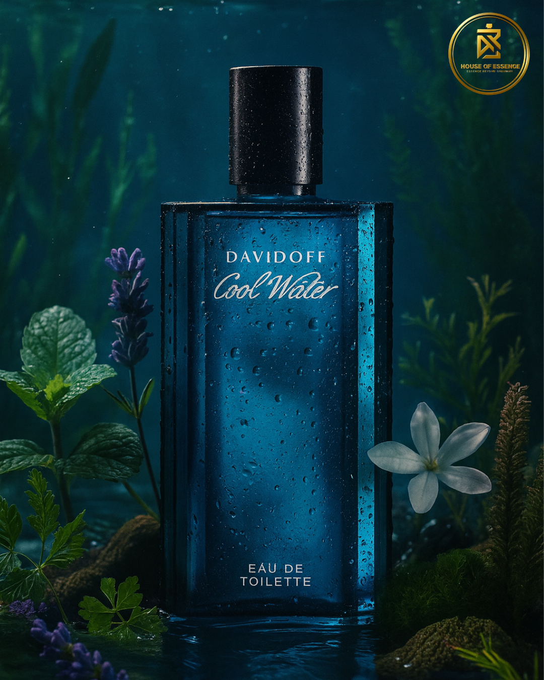 Blue Davidoff Cool Water perfume bottle with nature-themed background
