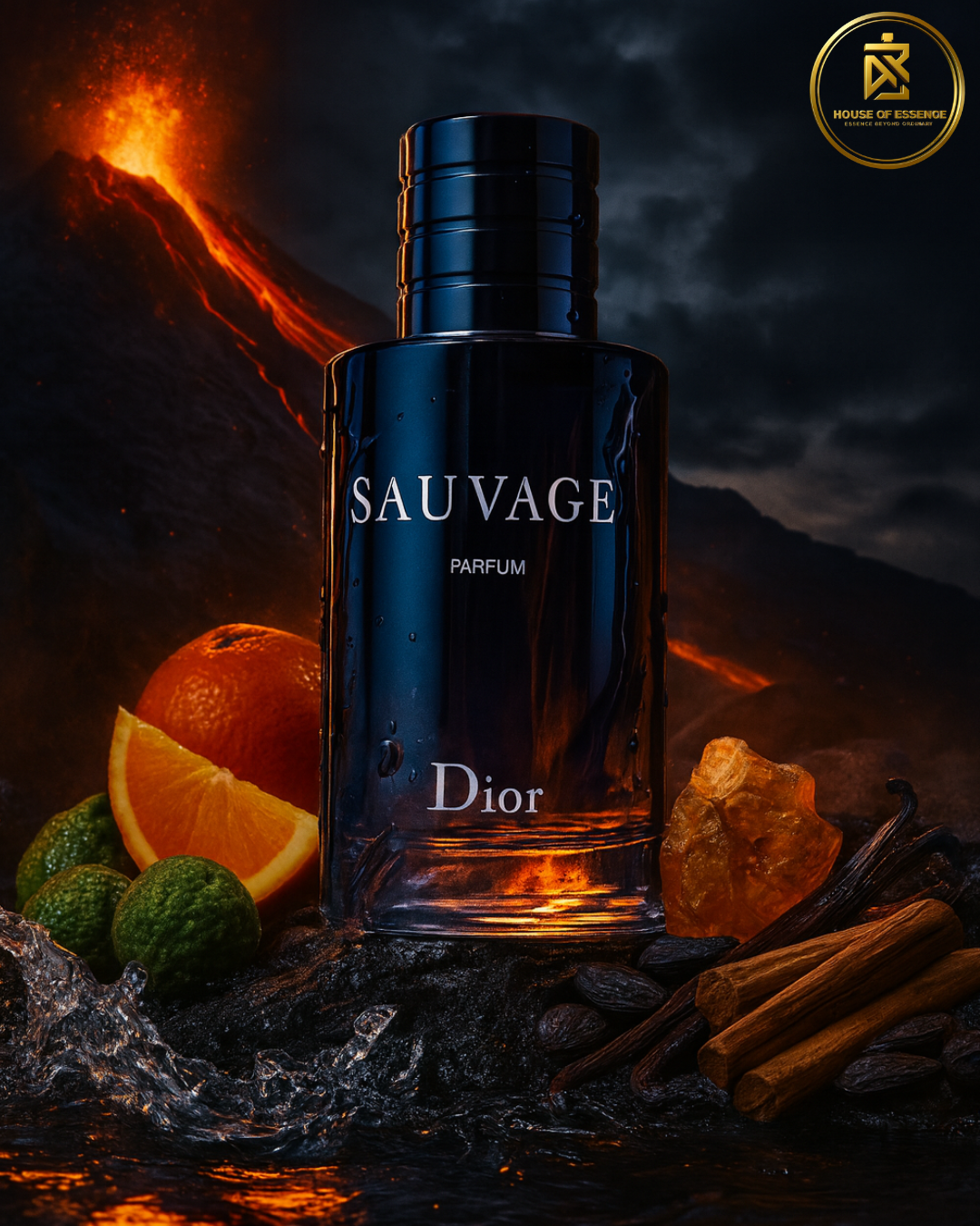 Dior Sauvage perfume bottle with oranges, cinnamon sticks, and a volcano in the background . Unleash the wild within — Dior Sauvage