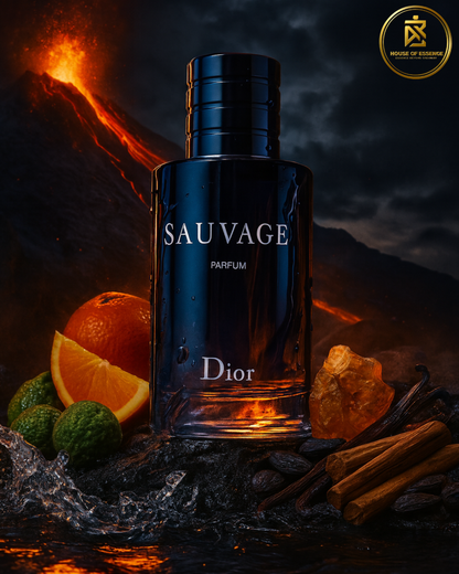 Dior Sauvage perfume bottle with oranges, cinnamon sticks, and a volcano in the background . Unleash the wild within — Dior Sauvage