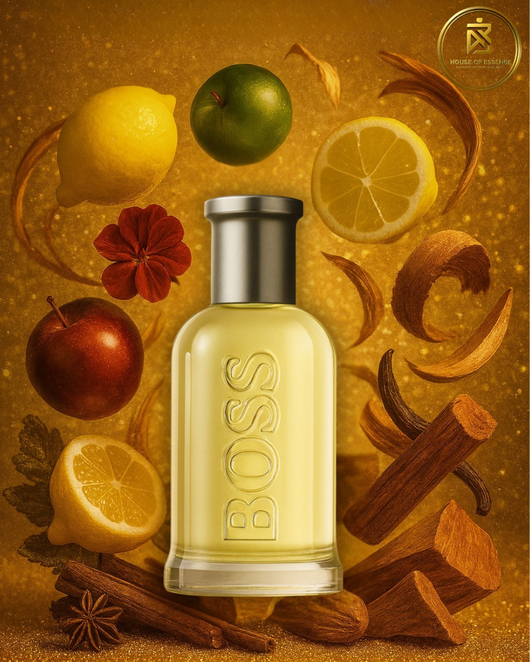 BOSS perfume bottle surrounded by fruits and spices. House of Essence 