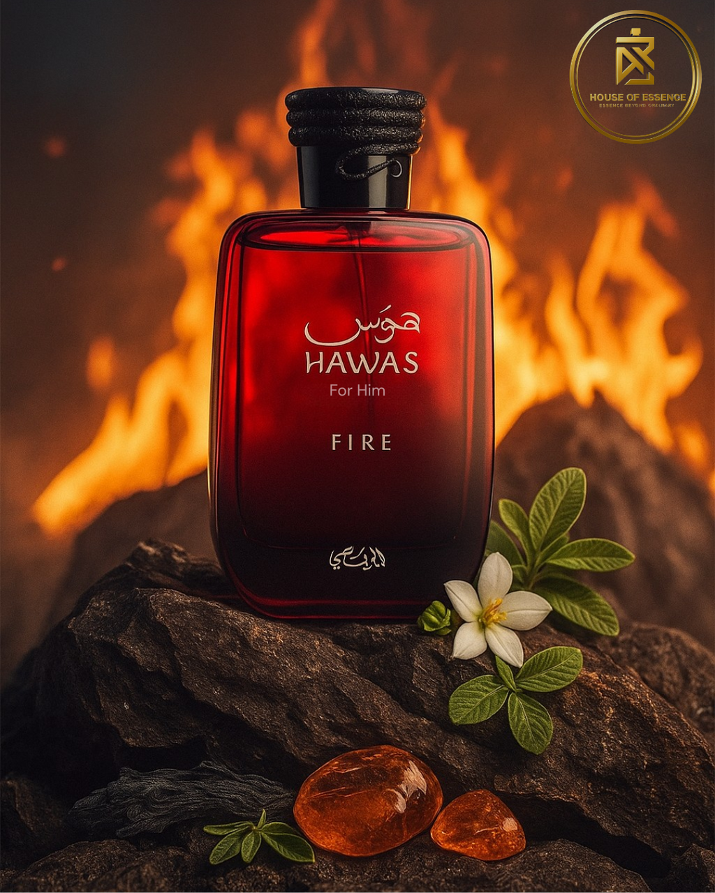 Rasasi Hawas Fire Eau de Parfum – bold warm scent for men, available at House of Essence Sri Lanka