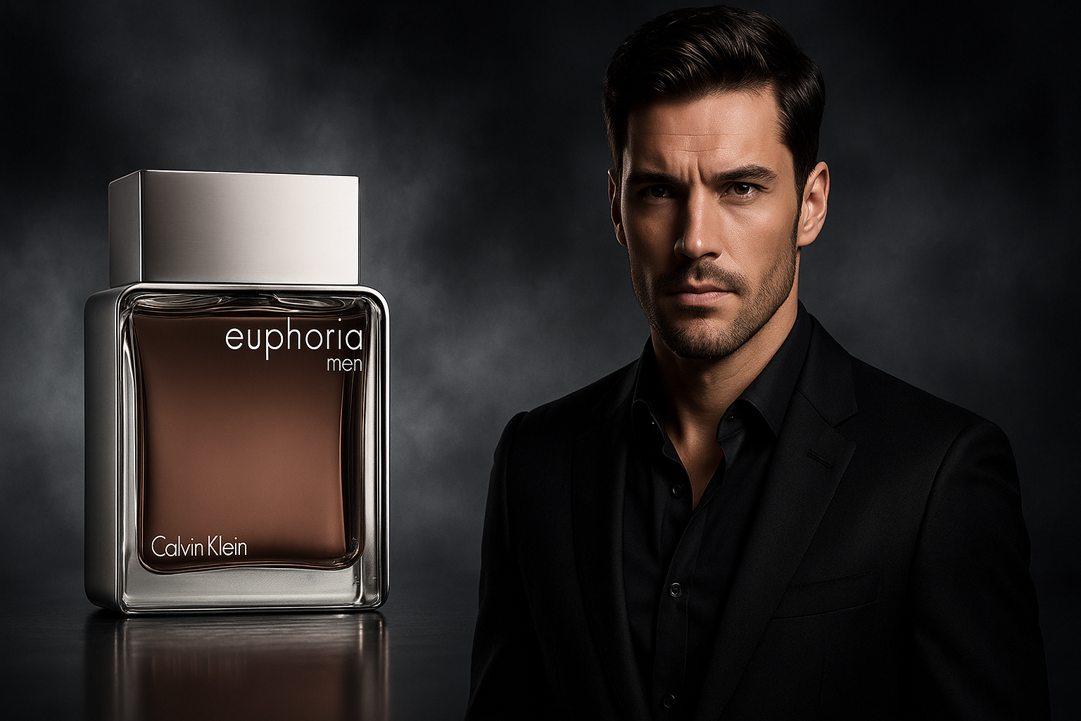 Size: 1920 × 1080 px (Shopify homepage banner standard)

Style: Photorealistic, luxury commercial aesthetic

Color tone: Silver, charcoal grey, and subtle black gradients

Focus: High contrast between the model and product bottle